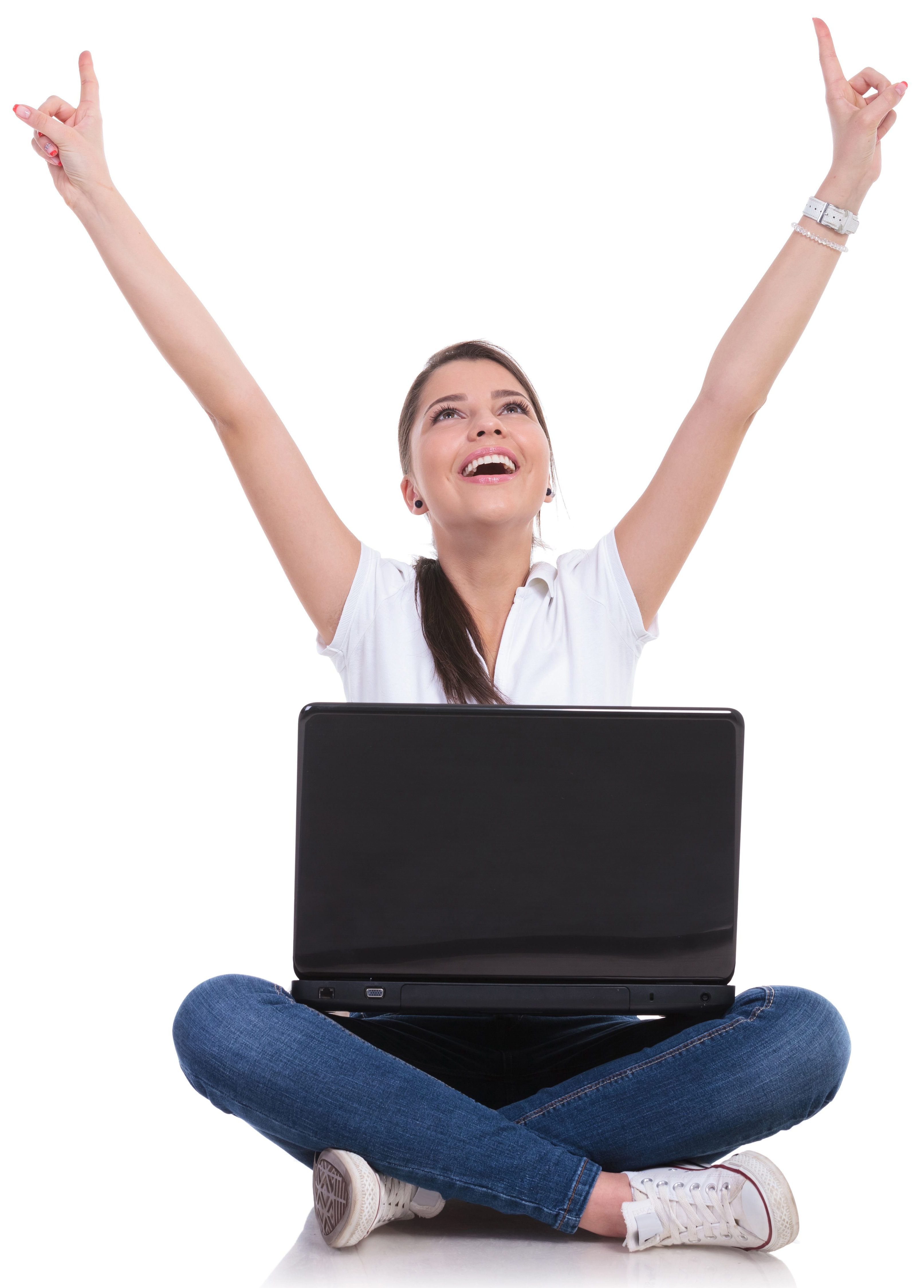 casual woman sits & cheers with laptop Woman happy after computer repair